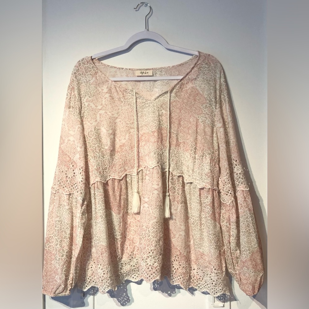 Rose and Gold Print Layered Eyelet Peasant Top